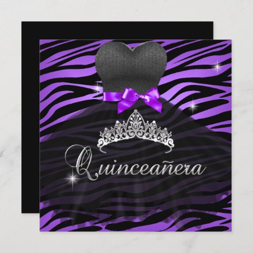 Quinceanera 15th Purple Tiara Zebra Dress Invitation