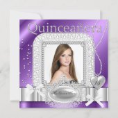 Quinceanera 15th Purple White Lace Pearl Photo Invitation (Front)