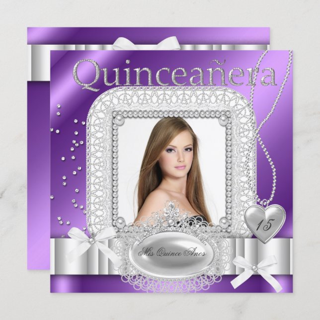 Quinceanera 15th Purple White Lace Pearl Photo Invitation (Front/Back)