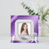 Quinceanera 15th Purple White Lace Pearl Photo Invitation (Standing Front)