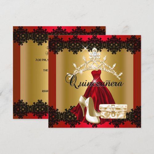 Quinceanera 15th Red Black Gold Diamond Tiara Custom Invitations