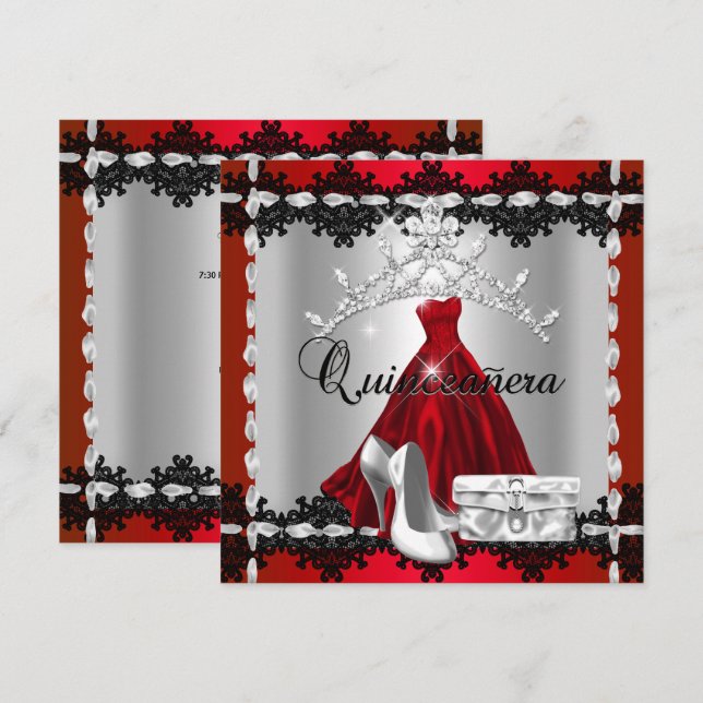 Quinceanera 15th Red Black Silver Diamond Tiara Invitation (Front/Back)