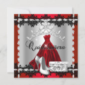 Quinceanera 15th Red Black Silver Diamond Tiara Invitation (Front)