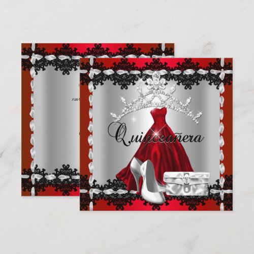 Quinceanera 15th Red Black Silver Diamond Tiara Invites
