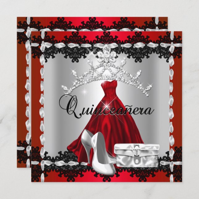 Quinceanera 15th Red Black Silver Diamond Tiara Invitation (Front/Back)