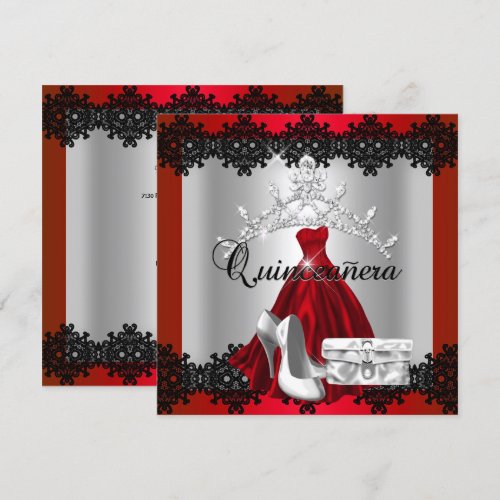 Quinceanera 15th Red Black Silver Diamond Tiara Personalized Announcements