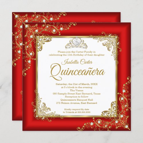 Quinceanera 15th Red Gold White Pearl Tiara Photo Invitation