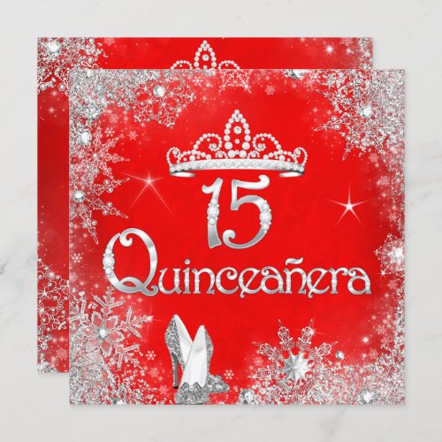 Quinceanera 15th Red Silver Snowflakes Party 2 Invitation