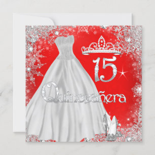 Quinceanera 15th Red Silver Snowflakes Party Invitation