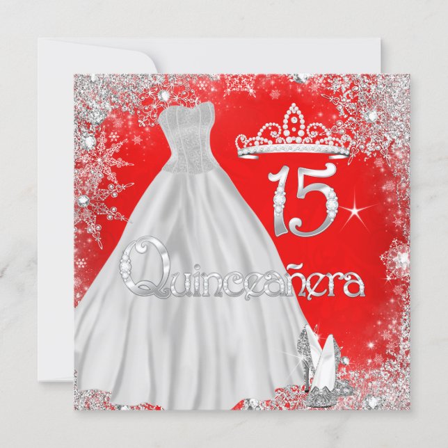 Quinceanera 15th Red Silver Snowflakes Party Invitation (Front)