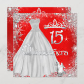 Quinceanera 15th Red Silver Snowflakes Party Invitation (Front/Back)