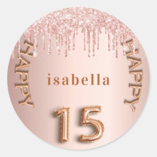 Quinceanera 15th rose gold pink glitter classic round sticker