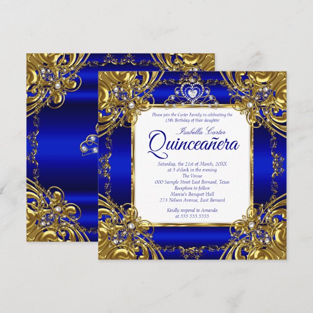 Quinceanera 15th Royal Blue Gold Pearl Tiara  Invitation (Front/Back)