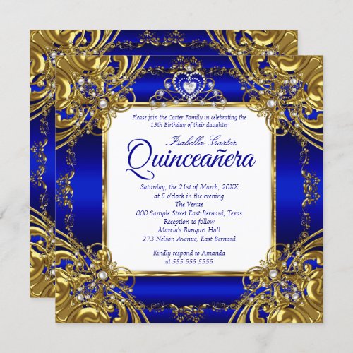 Quinceanera 15th Royal Blue Gold Pearl Tiara  Invitation