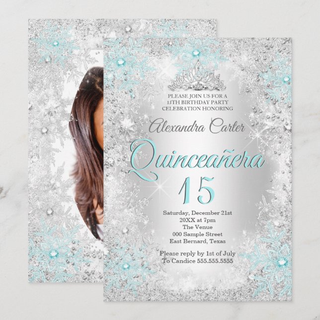 Quinceanera 15th Silver Teal blue Snowflake Photo Invitation (Front/Back)