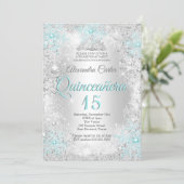 Quinceanera 15th Silver Teal blue Snowflake Photo Invitation (Standing Front)
