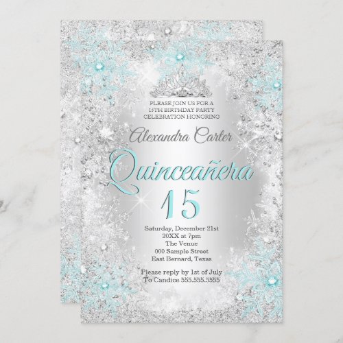 Quinceanera 15th Silver Teal blue Snowflake Photo Invitation