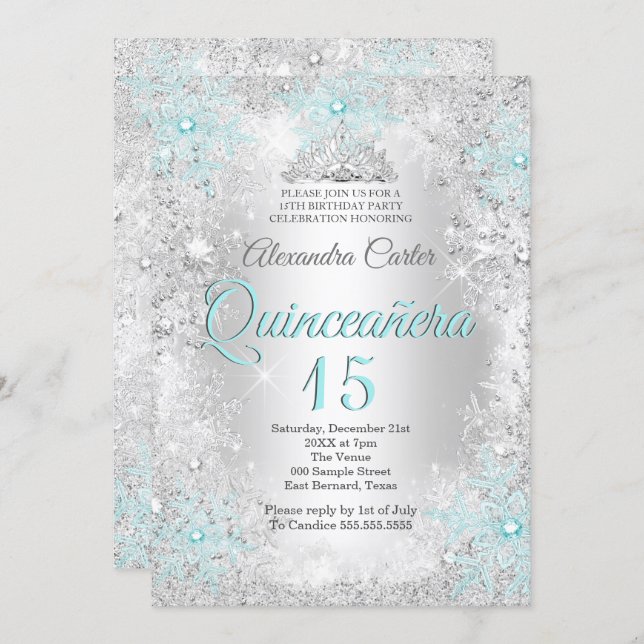 Quinceanera 15th Silver Teal blue Snowflake Photo Invitation (Front/Back)