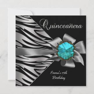 Quinceanera 15th Silver Zebra Teal Black Grey Bow Invitation