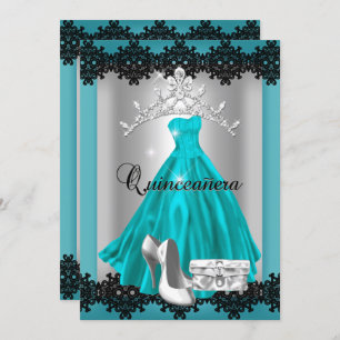 Quinceanera 15th Teal Black Silver Diamond Tiara Invitation