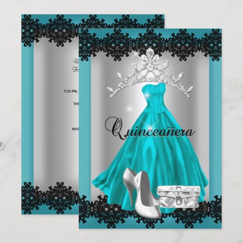 Quinceanera 15th Teal Black Silver Diamond Tiara Announcements