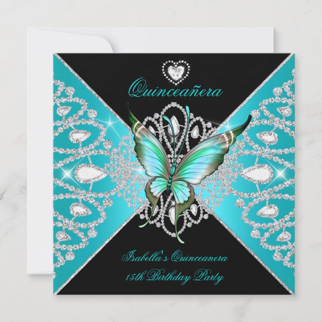 Quinceanera 15th Teal Blue Black Butterfly Tiara Invitation (Front)