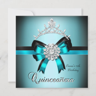 Quinceanera 15th Teal Blue Black Silver Bow Invitation