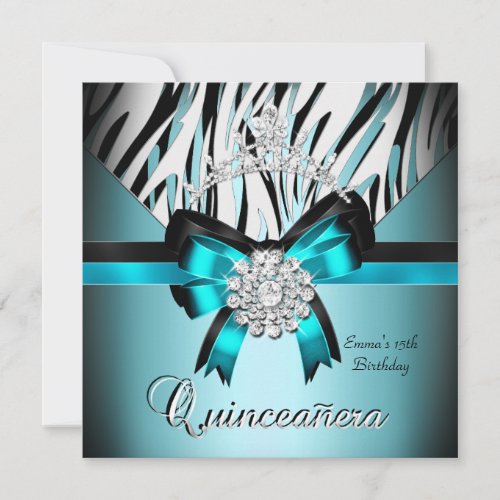 Quinceanera 15th Teal Blue Black Zebra Silver Bow Invitation