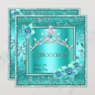 Quinceanera 15th Teal Blue Flower Silver Tiara Invitation