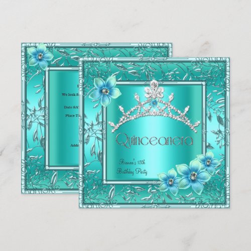 Quinceanera 15th Teal Blue Flower Silver Tiara Custom Invite