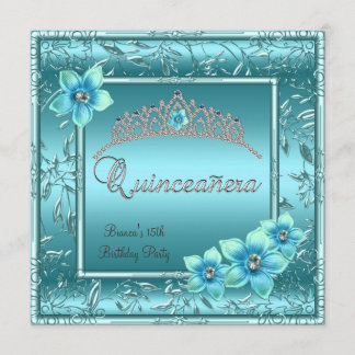 Quinceañera 15th Teal Blue Flower Silver Tiara Invitation
