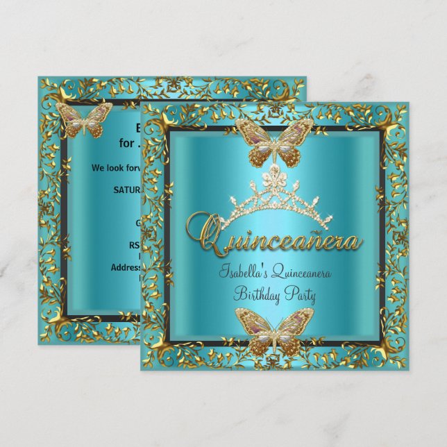 Quinceañera 15th Teal Blue Gold Butterfly Invitation (Front/Back)