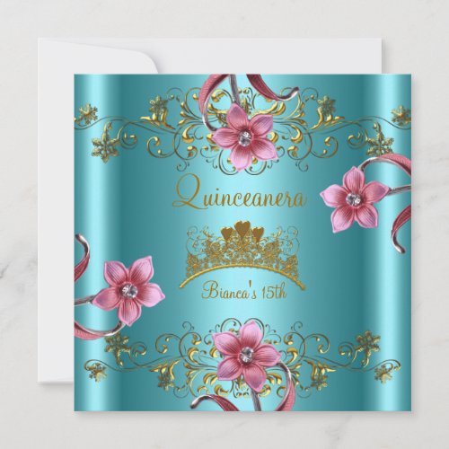 Quinceanera 15th Teal Blue Pink Flowers Gold Tiara Invitation