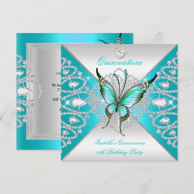 Quinceanera 15th Teal Blue Silver Butterfly Tiara Invitation (Front/Back)