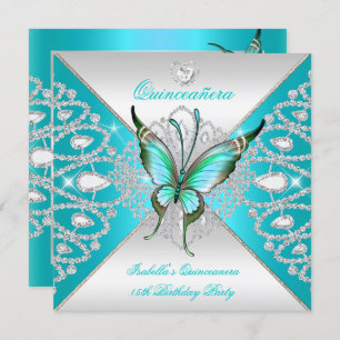 Quinceanera 15th Teal Blue Silver Butterfly Tiara Invitation