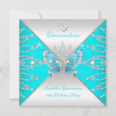Quinceanera 15th Teal Blue Silver Butterfly Tiara Invitation (Front)