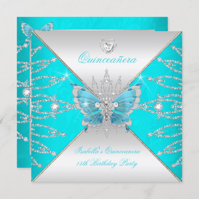Quinceanera 15th Teal Blue Silver Butterfly Tiara Invitation (Front/Back)