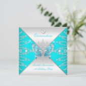 Quinceanera 15th Teal Blue Silver Butterfly Tiara Invitation (Standing Front)