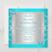 Quinceanera 15th Teal Blue Silver Butterfly Tiara Invitation (Back)