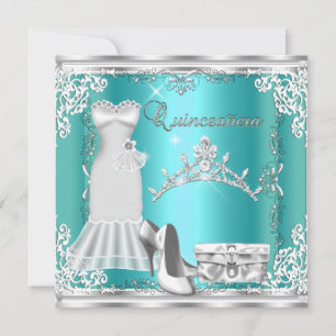 Quinceanera 15th Teal Blue Silver Diamond Tiara Invitation