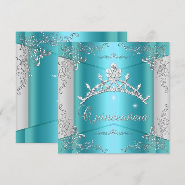 Quinceanera 15th Teal Blue Silver Tiara Invitation (Front/Back)