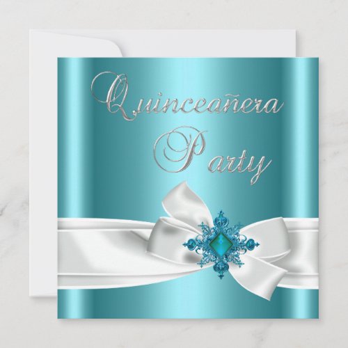 Quinceanera 15th Teal Blue Silver White Bow Custom Invitations