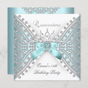 Quinceanera 15th Teal Blue Silver White Diamond Invitation