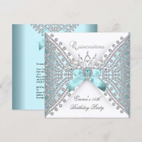 Quinceanera 15th Teal Blue Silver White Diamond Personalized Invites