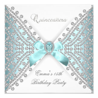 Quinceanera 15th Teal Blue White Faux Diamond Card