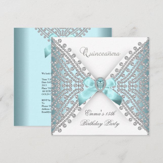 Quinceanera 15th Teal Blue White Faux Diamond Invitation (Front/Back)