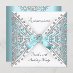 Quinceanera 15th Teal Blue White Faux Diamond Invitation