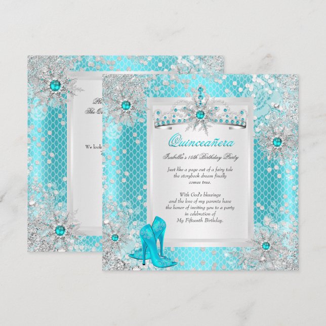 Quinceanera 15th Teal Blue Winter Wonderland Invitation (Front/Back)