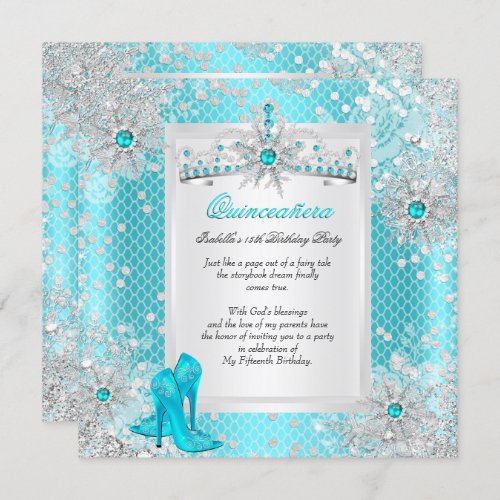 Quinceanera 15th Teal Blue Winter Wonderland Invitation