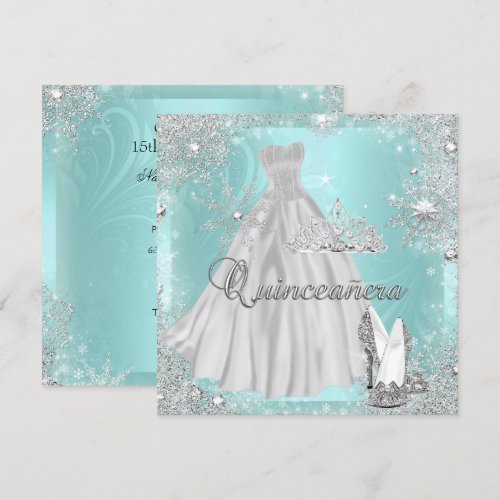 Quinceanera 15th Teal Silver Birthday Party Personalized Invites